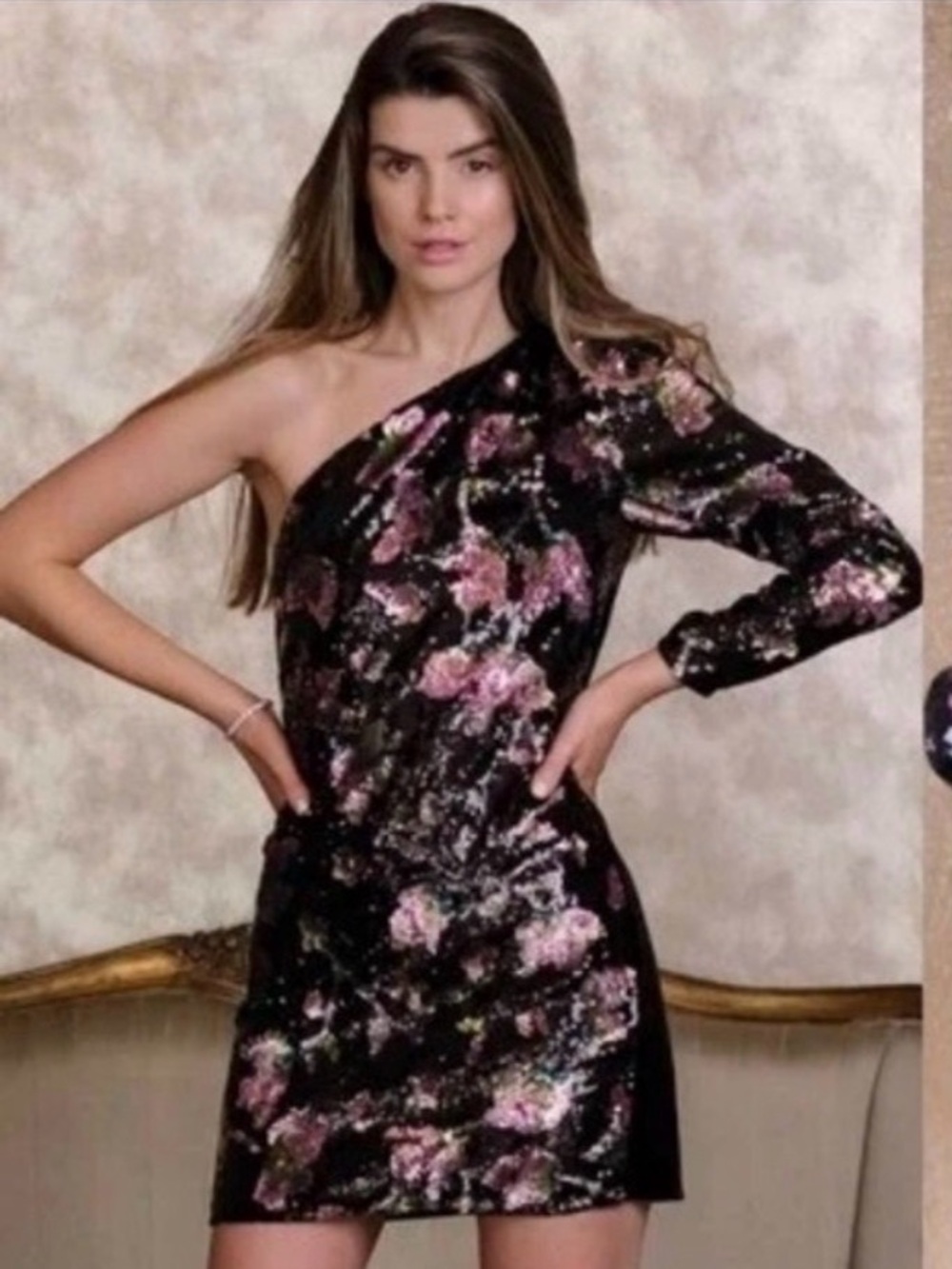 Self Portrait Midnight Bloom Sequin One Shoulder Floral Black Dress Size 4 NWOT